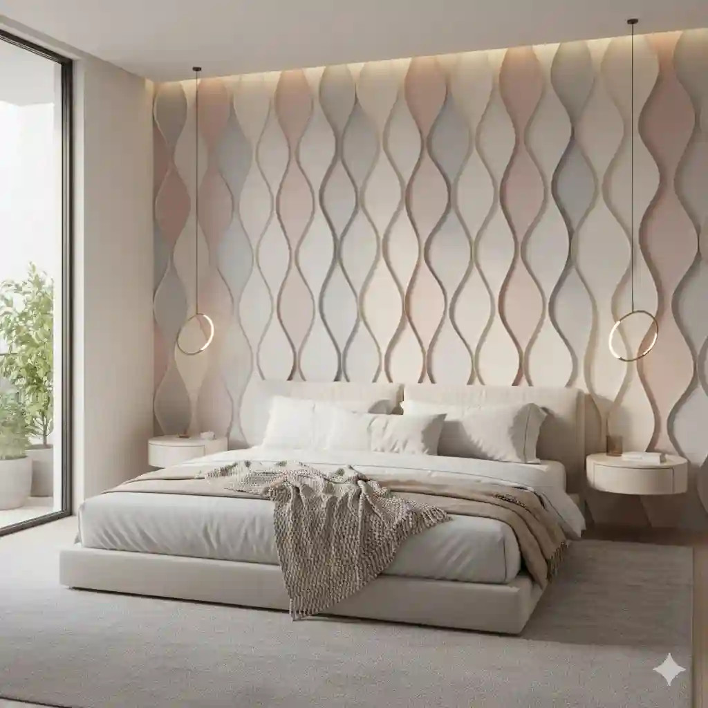 ديكور غرفة نوم فاخرة يوضح تركيب ورق جدران ثلاثي الأبعاد (3D) بألوان باستيل هادئة وإضاءة مخفية تعزز من جمال التصميم الداخلي.