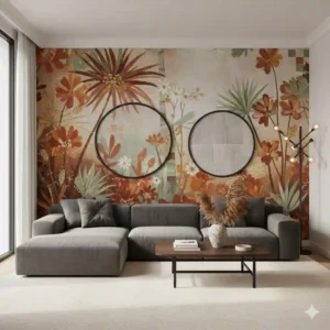 تصميم داخلي لغرفة معيشة مودرن في الكويت يبرز تركيب ورق جدران فني بنقوش نباتية وألوان دافئة خلف أريكة رمادية أنيقة.